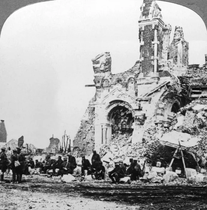 Framed Print : German prisoners of war beside the ruins of the basilica of Albert, France, World War I, 1914-1918. Artist: Realistic Travels Publishers Framed Print : German prisoners of war beside the ruins of the basilica of Albert, France, World War I, 1914-1918. Artist: Realistic Travels Publishers