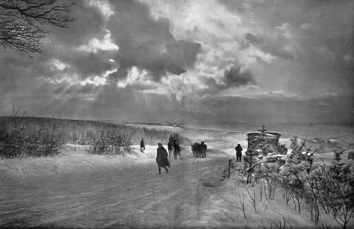 Framed Print : The Last German Roads; Around Verdun, winter evening: sunset on the snow.. 1917. Creator: Unknown