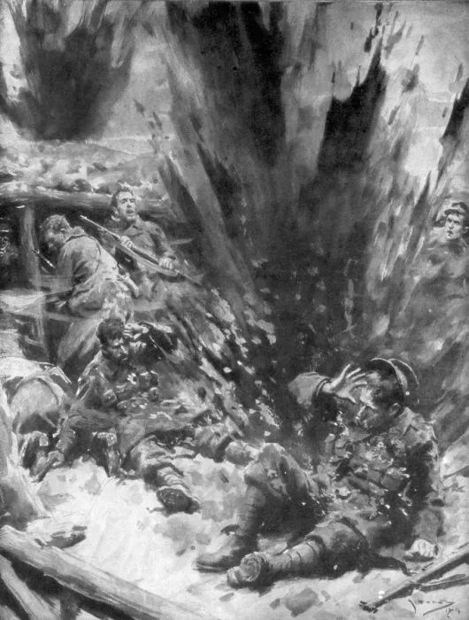 Framed Print : A German Shell Explodes in a British Trench, 1914, (1926). Artist: Arthur C Michael Framed Print : A German Shell Explodes in a British Trench, 1914, (1926). Artist: Arthur C Michael
