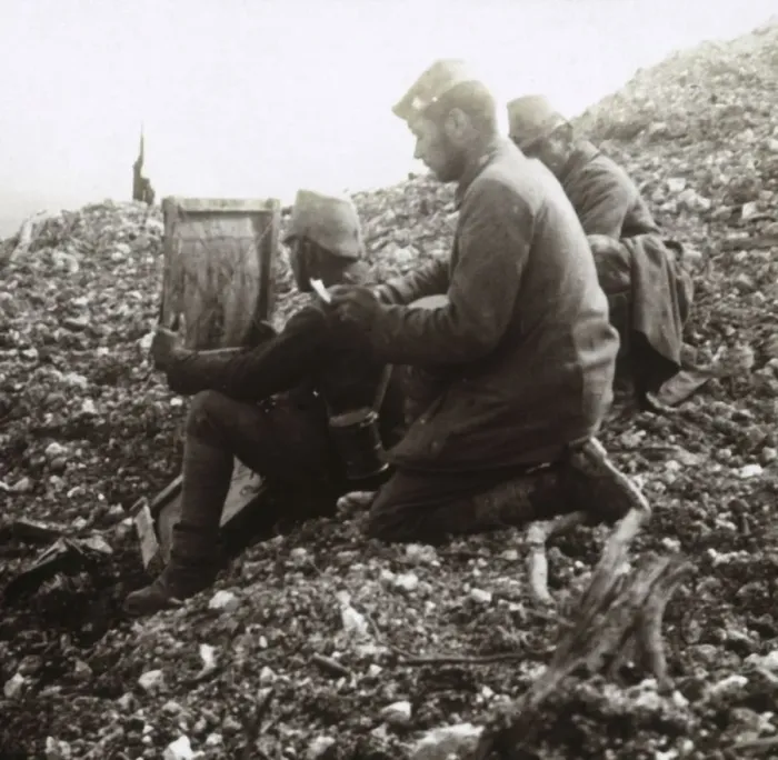 Framed Print : German signallers outside the Fortress of Vaux, Verdun, northern France, c1914-c1918 Framed Print : German signallers outside the Fortress of Vaux, Verdun, northern France, c1914-c1918