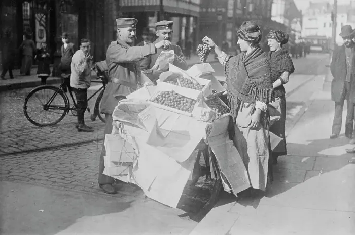 Framed Print : German soldiers buying fruit, Belgium, 1915. Creator: Bain News Service Framed Print : German soldiers buying fruit, Belgium, 1915. Creator: Bain News Service