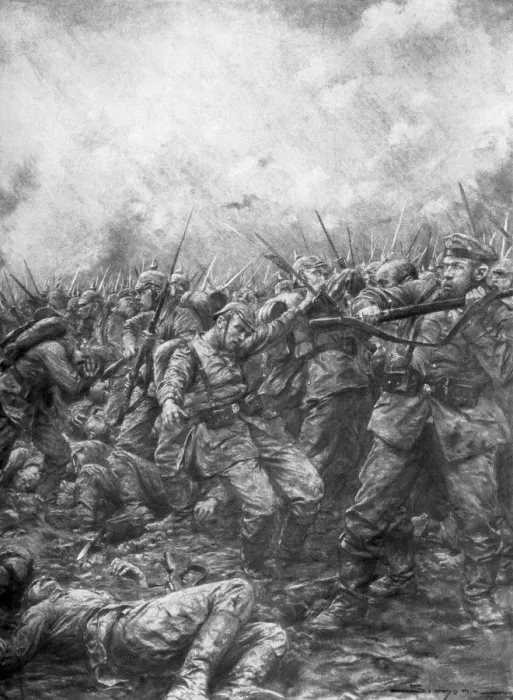 Framed Print : German soldiers under fire from allied guns, Flanders, World War I, 1914, (1926). Artist: J Simont Framed Print : German soldiers under fire from allied guns, Flanders, World War I, 1914, (1926). Artist: J Simont