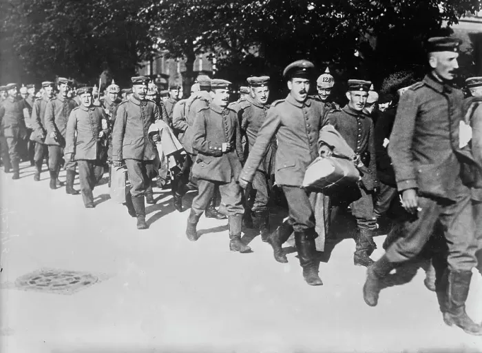 Framed Print : German wounded, recovered, returning singing to the front, between c1914 and c1915. Creator: Bain News Service Framed Print : German wounded, recovered, returning singing to the front, between c1914 and c1915. Creator: Bain News Service