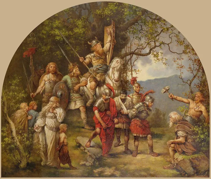 Framed Print : The Germanic peoples and captured Romans, End of 19th-Early 20th cen. Creator: Hock, Daniel (1858-1934) Framed Print : The Germanic peoples and captured Romans, End of 19th-Early 20th cen. Creator: Hock, Daniel (1858-1934)