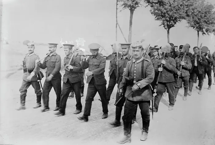 Framed Print : Germany, English prisoners returning from work to Doberitz, between c1914 and c1915. Creator: Bain News Service Framed Print : Germany, English prisoners returning from work to Doberitz, between c1914 and c1915. Creator: Bain News Service