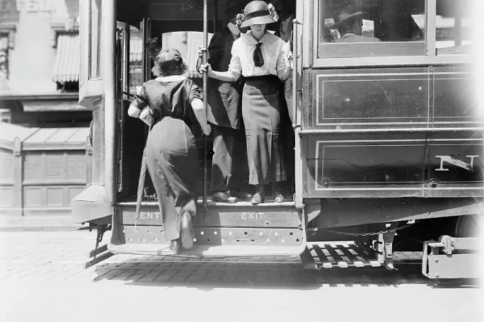 Framed Print : Getting on Brdway car, between c1910 and c1915. Creator: Bain News Service