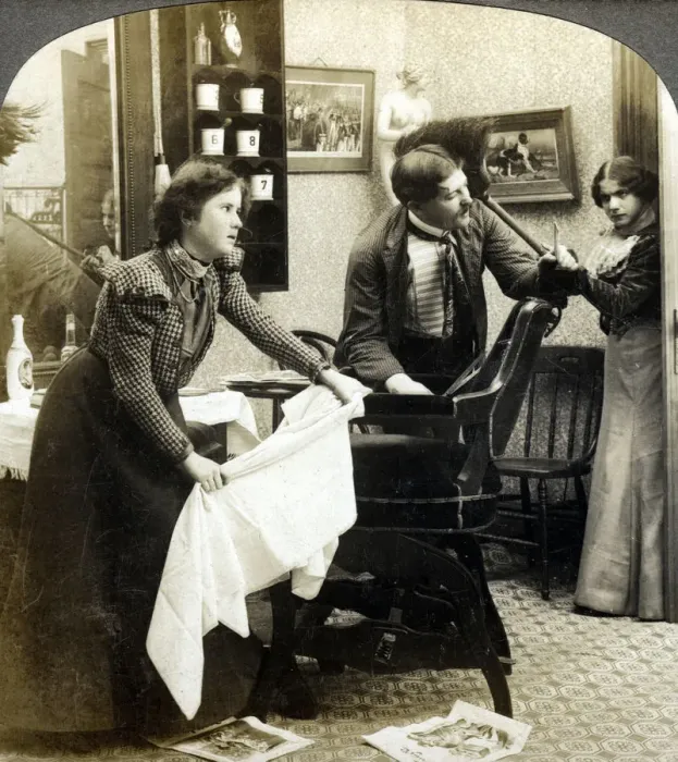 Framed Print : Getting His Hair Banged. Artist: American Stereoscopic Company Framed Print : Getting His Hair Banged. Artist: American Stereoscopic Company