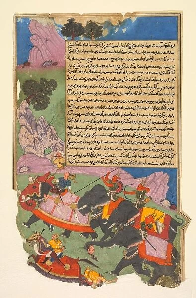 Ghatotkacha and three demons in his company chase Bhagadatta... 1616-1617. Creator: Fazl (Indian