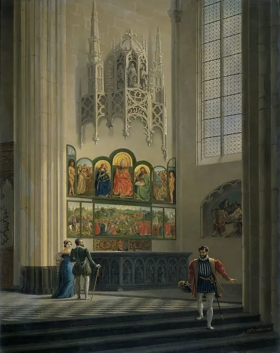 Framed Print : The Ghent Altarpiece by the van Eyck Brothers in St Bavo Cathedral in Ghent, 1829. Creator: Pieter-Frans De Noter Framed Print : The Ghent Altarpiece by the van Eyck Brothers in St Bavo Cathedral in Ghent, 1829. Creator: Pieter-Frans De Noter
