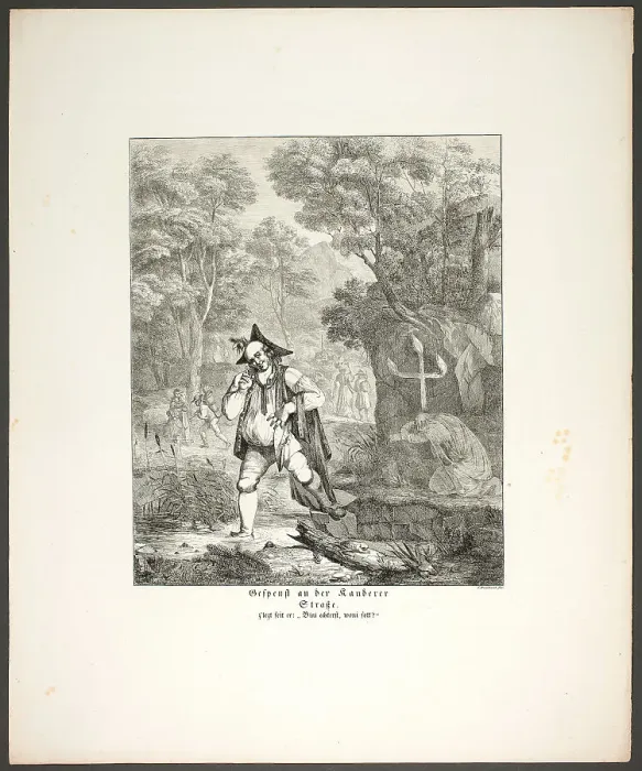 Framed Print : Ghost on the Kandern Road, plate six from Zehn Blätter zu Hebels Alemannischen... 1820. Creator: Sophie Reinhard Framed Print : Ghost on the Kandern Road, plate six from Zehn Blätter zu Hebels Alemannischen... 1820. Creator: Sophie Reinhard