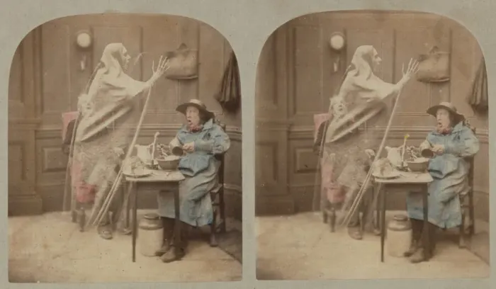 Framed Print : The Ghost in the Stereoscope, ca. 1856. Creator: London Stereoscopic & Photographic Co Framed Print : The Ghost in the Stereoscope, ca. 1856. Creator: London Stereoscopic & Photographic Co
