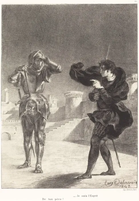 Framed Print : The Ghost on the Terrace (Act I, Scene V), 1843. Creator: Eugene Delacroix Framed Print : The Ghost on the Terrace (Act I, Scene V), 1843. Creator: Eugene Delacroix