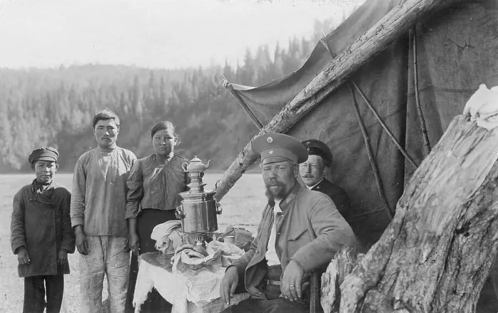 Framed Print : G.I. Ivanov and a Shoria Family at the Table with Samovar Near the Tent, 1913. Creator: GI Ivanov Framed Print : G.I. Ivanov and a Shoria Family at the Table with Samovar Near the Tent, 1913. Creator: GI Ivanov