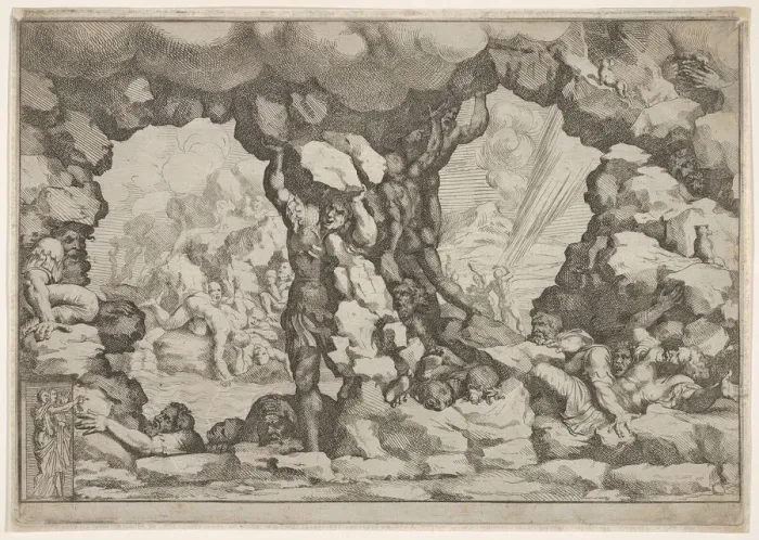 Framed Print : A giant heaving a boulder at center, other giants to left and right struggling and rec Framed Print : A giant heaving a boulder at center, other giants to left and right struggling and rec