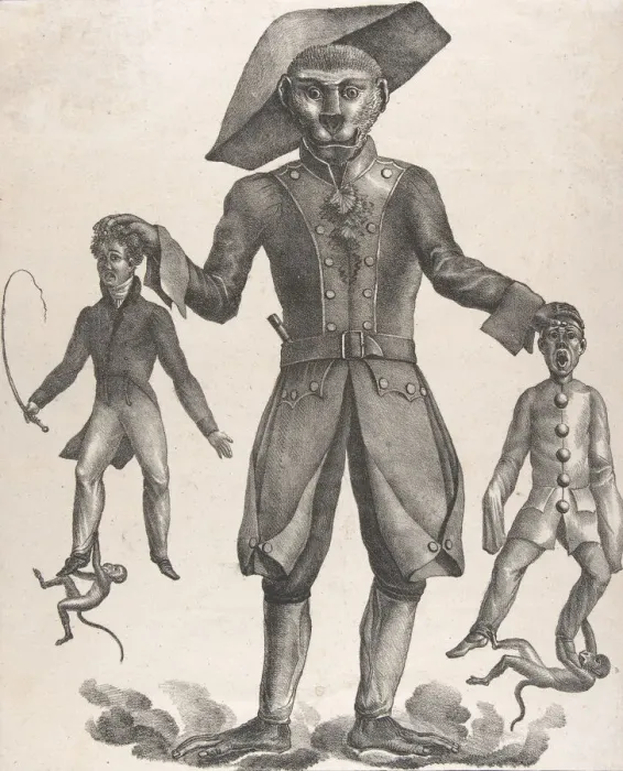 Framed Print : A Giant Monkey in Uniform Holding up Pierrot and a Man with a Whip, after 1825 Framed Print : A Giant Monkey in Uniform Holding up Pierrot and a Man with a Whip, after 1825