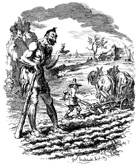 Framed Print : A giant stands in a field as a farmer ploughs, 19th century. Artist: George Cruikshank Framed Print : A giant stands in a field as a farmer ploughs, 19th century. Artist: George Cruikshank