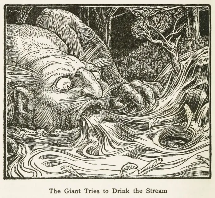 Framed Print : The Giant Tries to Drink the Stream, from Europas Fairy Book, pub. 1916. Creator Framed Print : The Giant Tries to Drink the Stream, from Europas Fairy Book, pub. 1916. Creator