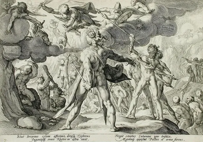 Framed Print : The Giants Climbing the Heavens, published 1589. Creator: Hendrik Goltzius Framed Print : The Giants Climbing the Heavens, published 1589. Creator: Hendrik Goltzius