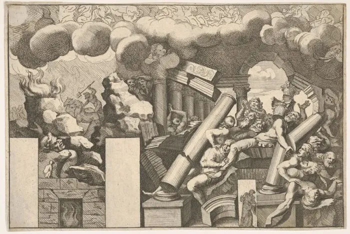 Framed Print : Giants crushed by rocks and the falling columns of the temple, clouds of smoke above Framed Print : Giants crushed by rocks and the falling columns of the temple, clouds of smoke above