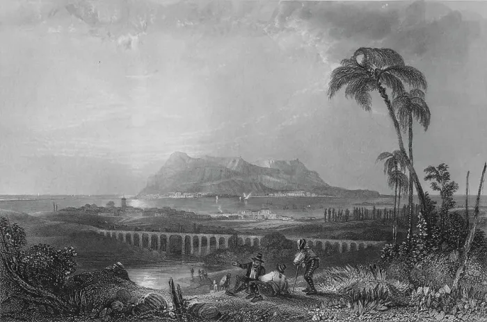 Framed Print : Gibraltar, From Algeziras, 1840. Artist: Joseph Clayton Bentley Framed Print : Gibraltar, From Algeziras, 1840. Artist: Joseph Clayton Bentley