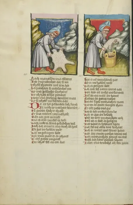 Framed Print : Gideon and the Miraculous Dryness of the Fleece: Gideon and the Dew on the Fleece, about 1400-1410. Creator: Unknown Framed Print : Gideon and the Miraculous Dryness of the Fleece: Gideon and the Dew on the Fleece, about 1400-1410. Creator: Unknown