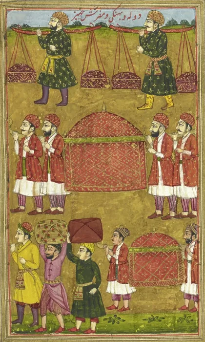 Framed Print : Gifts and palanquins sent by Khusrau to Shirin, 1726. Creator: Anon Framed Print : Gifts and palanquins sent by Khusrau to Shirin, 1726. Creator: Anon