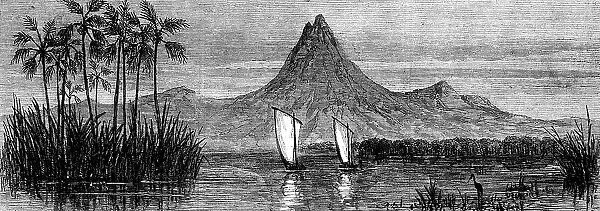 The gig and whaler H.M.S. Gorgon off the high hill of Makanga, in the River Sheri, 1862. Creator: Unknown