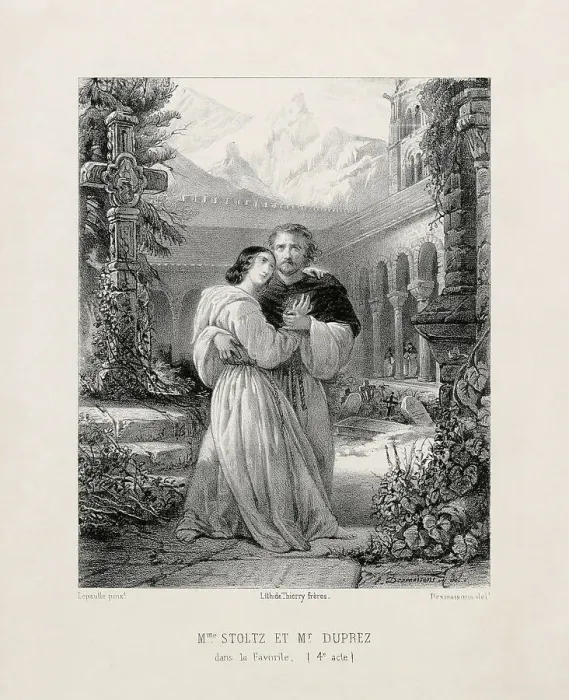 Framed Print : Gilbert Duprez und Rosine Stoltz as Fernand and Léonor in the Opera La favorite by Gaetano... c.184 Creator: Desmaisons, Émile (1812-1880) Framed Print : Gilbert Duprez und Rosine Stoltz as Fernand and Léonor in the Opera La favorite by Gaetano... c.184 Creator: Desmaisons, Émile (1812-1880)
