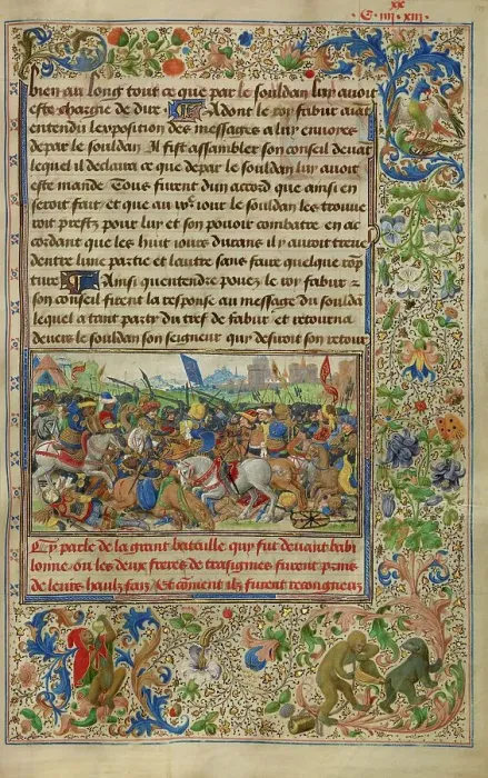 Framed Print : Gillion Defeating King Fabur during the Siege of Cairo; Roman de Gillion de Trazegnies, 1464. Creators: Lieven van Lathem, David Aubert