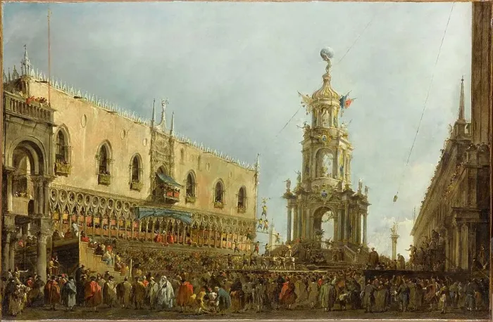 Framed Print : The Giovedì Grasso Festival in front of the Ducal Palace in Venice, ca 1775. Creator: Guardi, Francesco (1712-1793) Framed Print : The Giovedì Grasso Festival in front of the Ducal Palace in Venice, ca 1775. Creator: Guardi, Francesco (1712-1793)