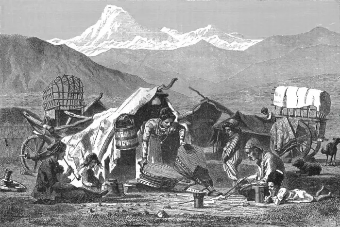 Framed Print : Gipsy encampment in the Caucasus; The Caucasus, 1875. Creator: Unknown Framed Print : Gipsy encampment in the Caucasus; The Caucasus, 1875. Creator: Unknown