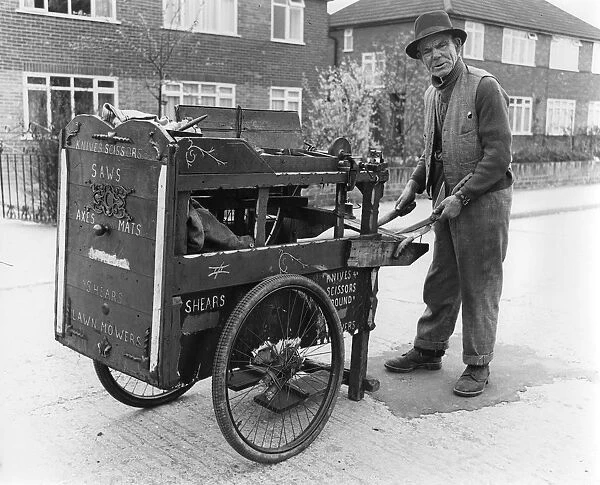 Gipsy knife-grinder with his handcart, Horley, Surrey, 1964