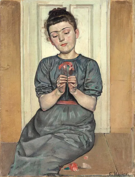 Framed Print : Girl arranging flowers (Girl with carnation), c. 1886. Artist: Hodler, Ferdinand (1853-1918) Framed Print : Girl arranging flowers (Girl with carnation), c. 1886. Artist: Hodler, Ferdinand (1853-1918)