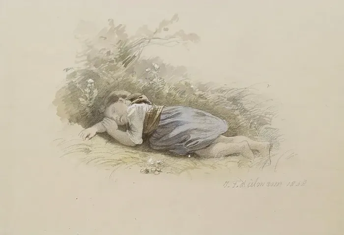 Framed Print : Girl Asleep in the Woods, 1848. Creator: Jakob Dielmann Framed Print : Girl Asleep in the Woods, 1848. Creator: Jakob Dielmann