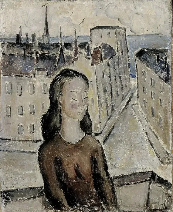 Framed Print : Girl on the Balcony, 1932. Creator: Ernst Krohn Framed Print : Girl on the Balcony, 1932. Creator: Ernst Krohn