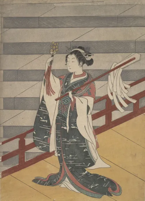 Framed Print : Girl on Balcony above Stone Stairway, ca. 1768. ca. 1768. Creator: Suzuki Harunobu