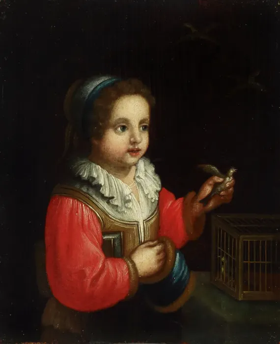 Framed Print : A girl with a birdcage, 1800-1899. Creator: Unknown Framed Print : A girl with a birdcage, 1800-1899. Creator: Unknown