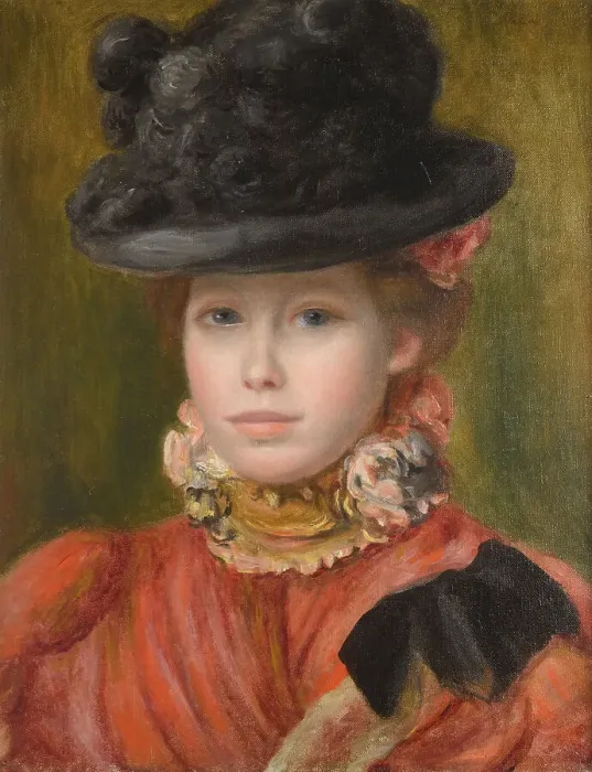 Framed Print : Girl in black hat with red flowers, c. 1890. Artist: Renoir, Pierre Auguste (1841-1919) Framed Print : Girl in black hat with red flowers, c. 1890. Artist: Renoir, Pierre Auguste (1841-1919)