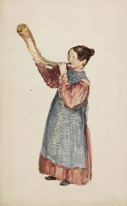Framed Print : Girl Blowing Horn, c1820s. Creator: David Cox the Elder Framed Print : Girl Blowing Horn, c1820s. Creator: David Cox the Elder