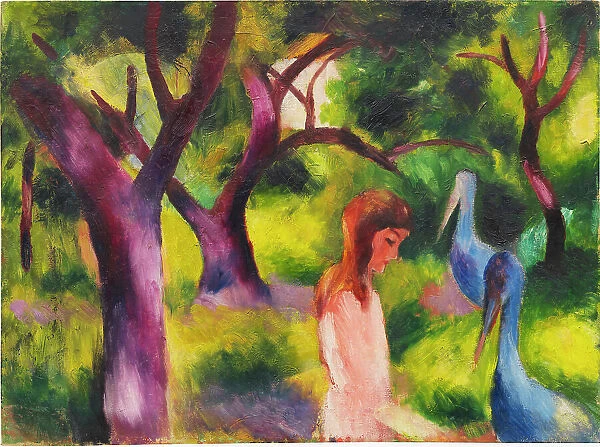Girl with blue birds (Kid with blue birds), 1914. Creator: Macke, August (1887-1914)