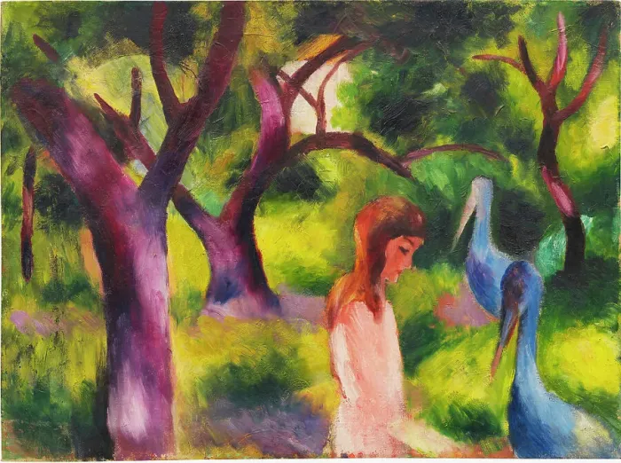 Framed Print : Girl with blue birds (Kid with blue birds), 1914. Creator: Macke, August (1887-1914) Framed Print : Girl with blue birds (Kid with blue birds), 1914. Creator: Macke, August (1887-1914)