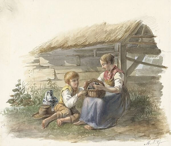 Girl and boy with a basket of chicks, 1878-1903. Creator: Maximilienne Guyon