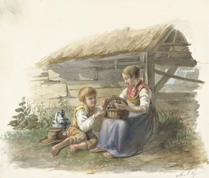 Framed Print : Girl and boy with a basket of chicks, 1878-1903. Creator: Maximilienne Guyon Framed Print : Girl and boy with a basket of chicks, 1878-1903. Creator: Maximilienne Guyon