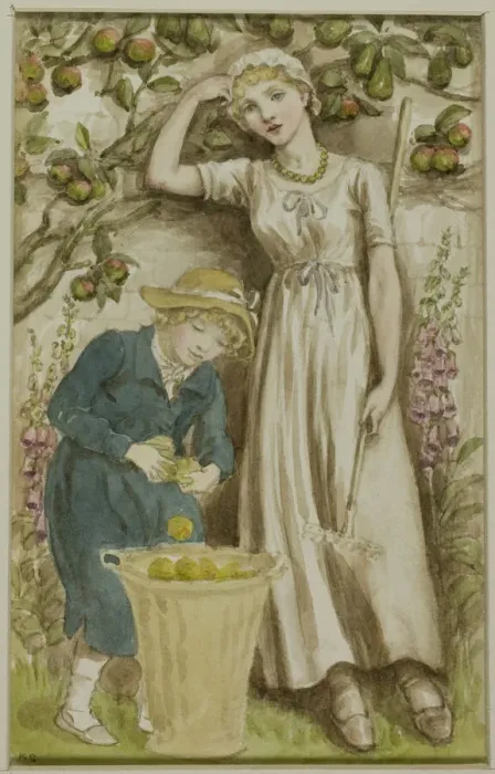 Framed Print : Girl and Boy Picking Apples, n. d. Creator: Catherine Greenaway Framed Print : Girl and Boy Picking Apples, n. d. Creator: Catherine Greenaway