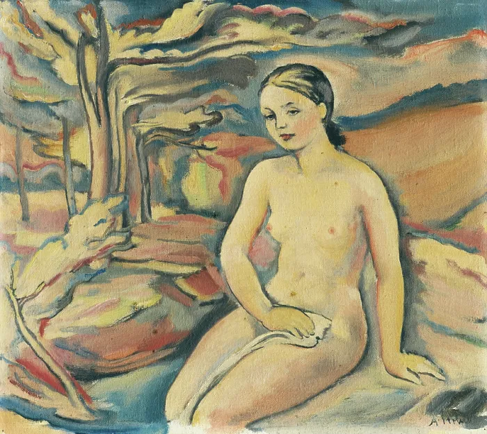 Framed Print : Girl by a Brook, around 1940. Creator: Alois Holub Framed Print : Girl by a Brook, around 1940. Creator: Alois Holub