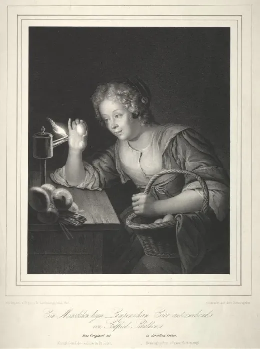 Framed Print : Girl Candling Eggs, 1840. Creator: Franz Seraph Hanfstaengl (German, 1804-1877) Framed Print : Girl Candling Eggs, 1840. Creator: Franz Seraph Hanfstaengl (German, 1804-1877)