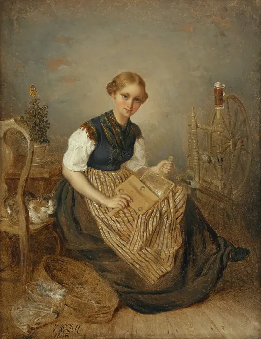 Framed Print : A Girl Carding, 1856. Creator: Kilian Christoffer Zoll Framed Print : A Girl Carding, 1856. Creator: Kilian Christoffer Zoll