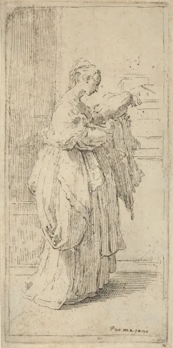 Framed Print : Girl carrying a cushion, seen in profile facing right, 1590-1690. Creator: Guido Reni Framed Print : Girl carrying a cushion, seen in profile facing right, 1590-1690. Creator: Guido Reni
