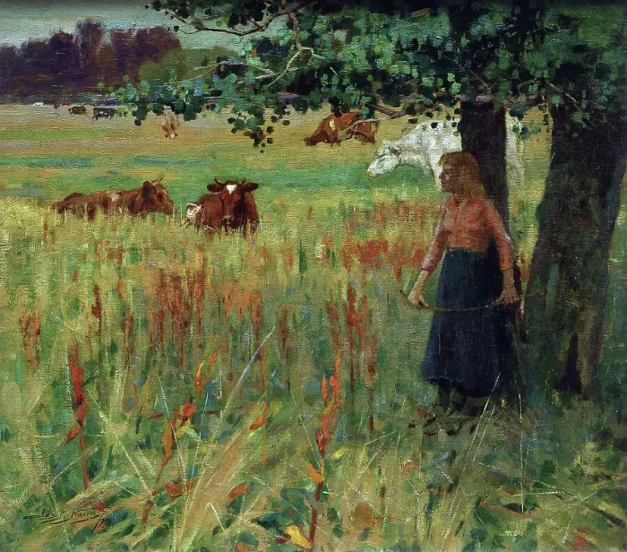 Framed Print : Girl with cattle, 1893. Creator: James McLauchlan Nairn Framed Print : Girl with cattle, 1893. Creator: James McLauchlan Nairn