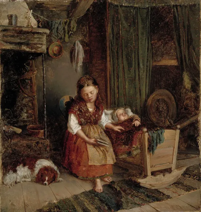 Framed Print : Girl at the cradle, 1866. Creator: Karl Emanuel Jansson Framed Print : Girl at the cradle, 1866. Creator: Karl Emanuel Jansson